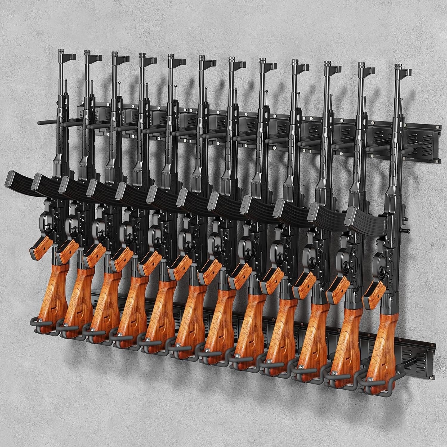 Heavy-Duty 12-Slot Adjustable Gun Rack – Artful Display for Firearm Enthusiasts