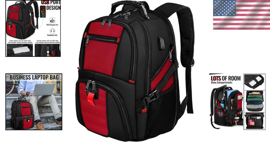 Extra Large 50L Water-Resistant Travel Laptop Backpack with USB Port, Bright Red