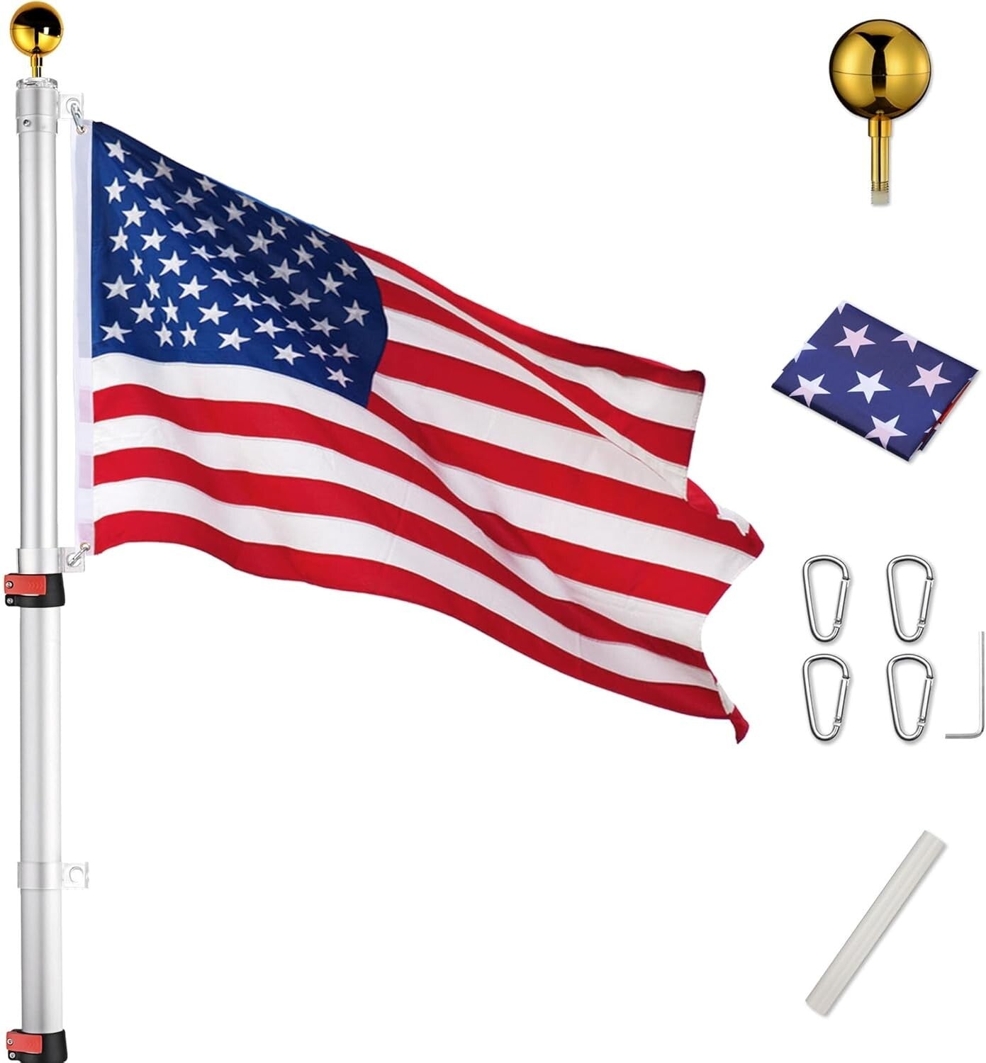 Aluminum 25ft Telescoping Flag Pole with 2 Flag Capacity & Golden Top Finial