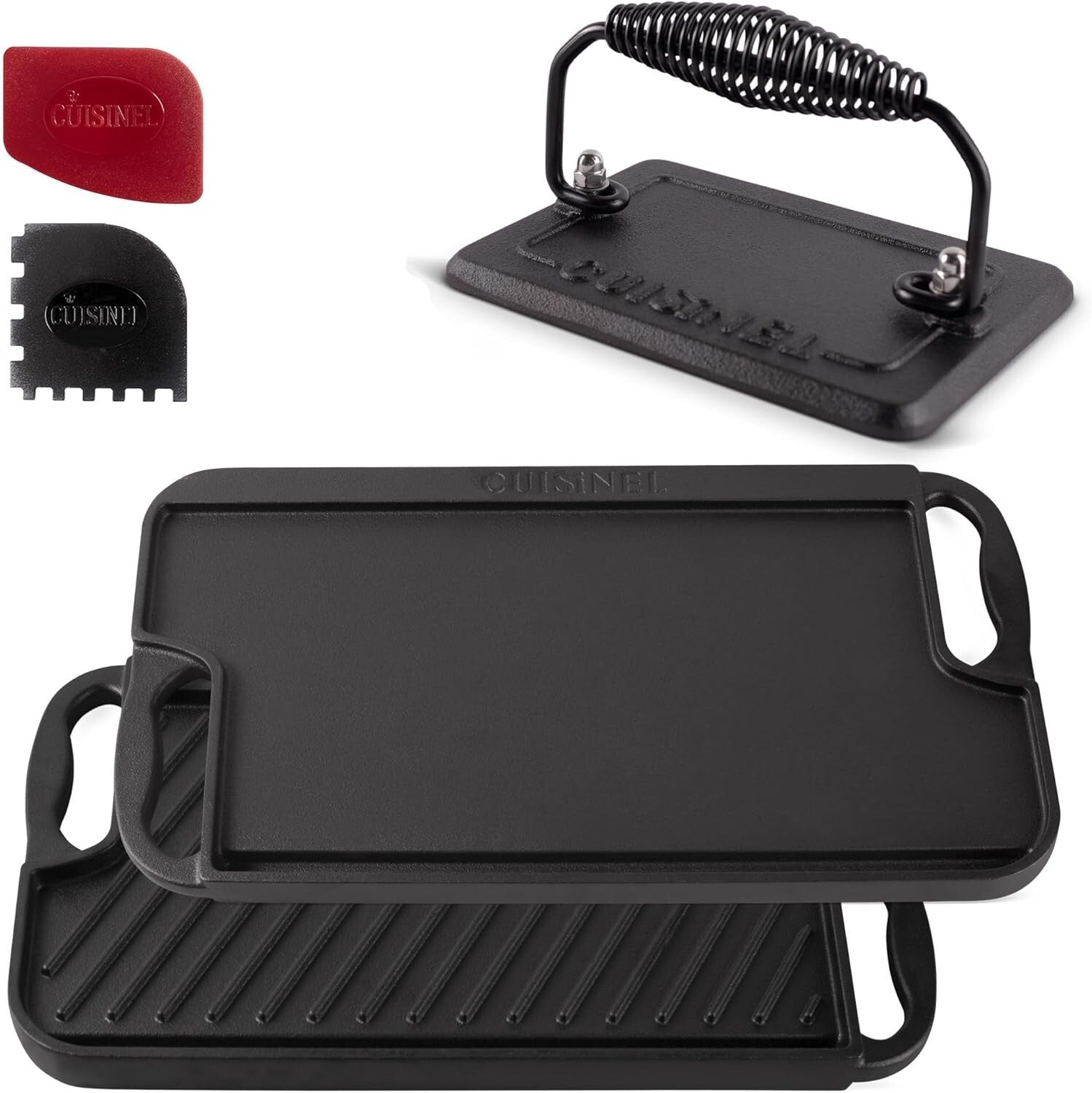 Durable Cast Iron Grill/Griddle Combo - 16.75" x 9.5" + Essential Cleaning Tools