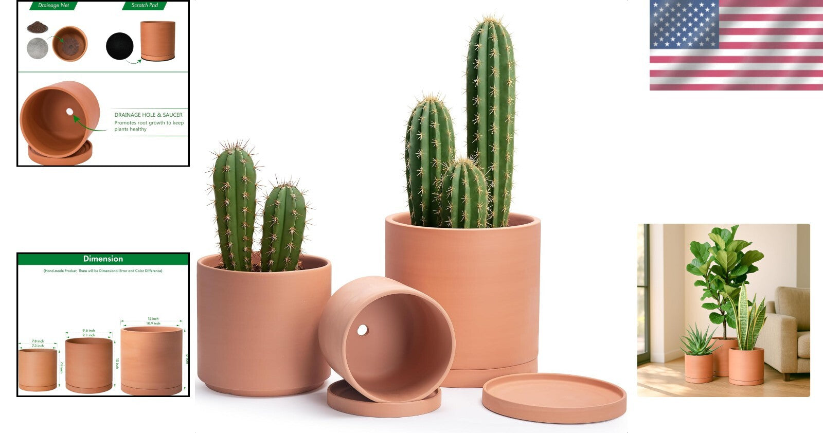Elegant Set of 3 Terracotta Pots with Drainage and Saucers for Indoor Plants