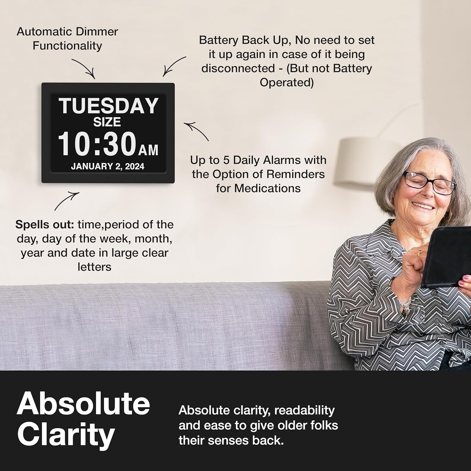 Dementia Clock 2025: 12-Inch Large Digital Display with Custom Alarms in Black