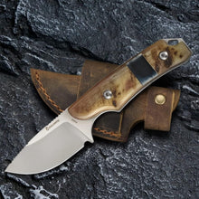 Load image into Gallery viewer, Compact 440C Fixed Blade Knife - Leather Sheath with Buckle, Unique Ram Horn