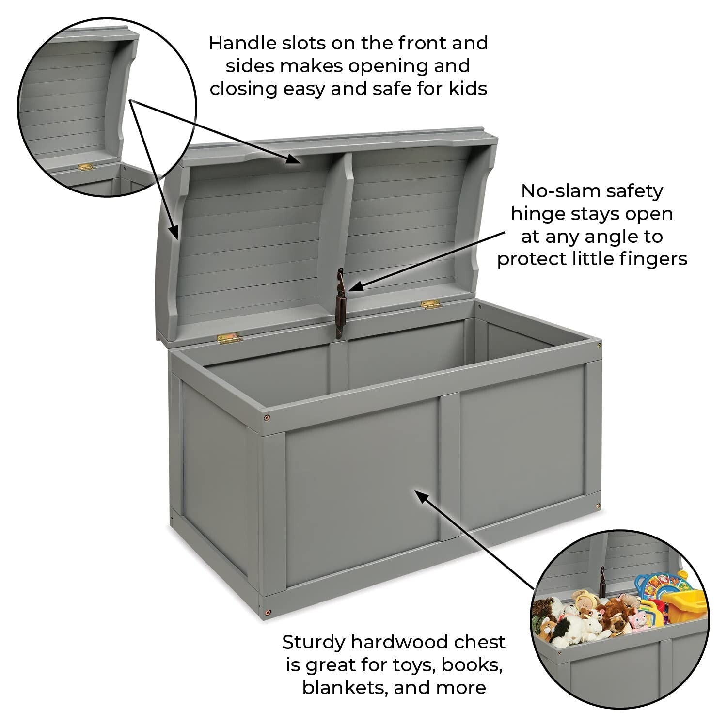 Elegant Gray Hardwood Toy Box with Support Hinge - Perfect for Kids Storage