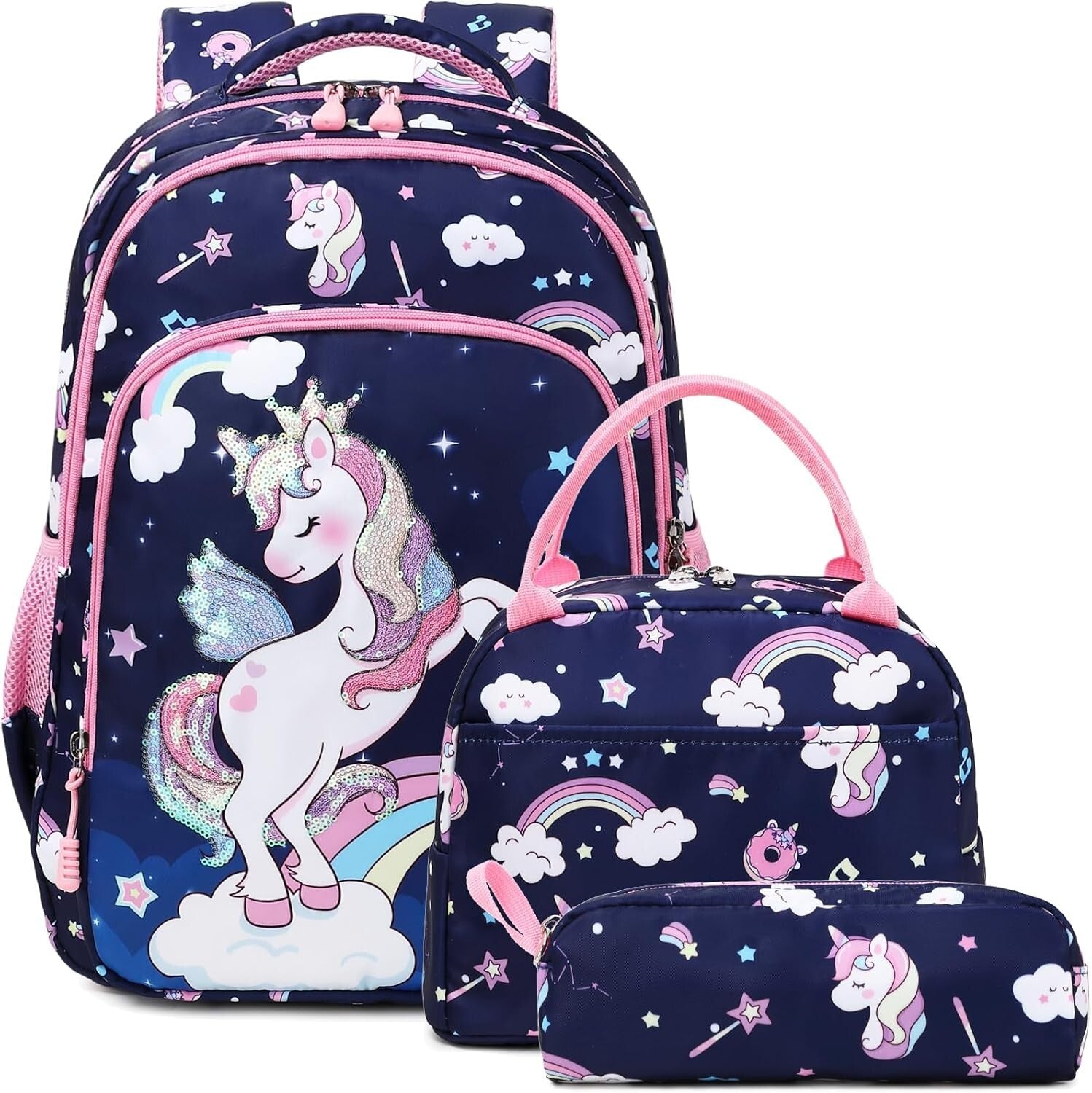 Adjustable Unicorn Backpack for Girls - 3pcs School Set with Insulated Lunch Bag