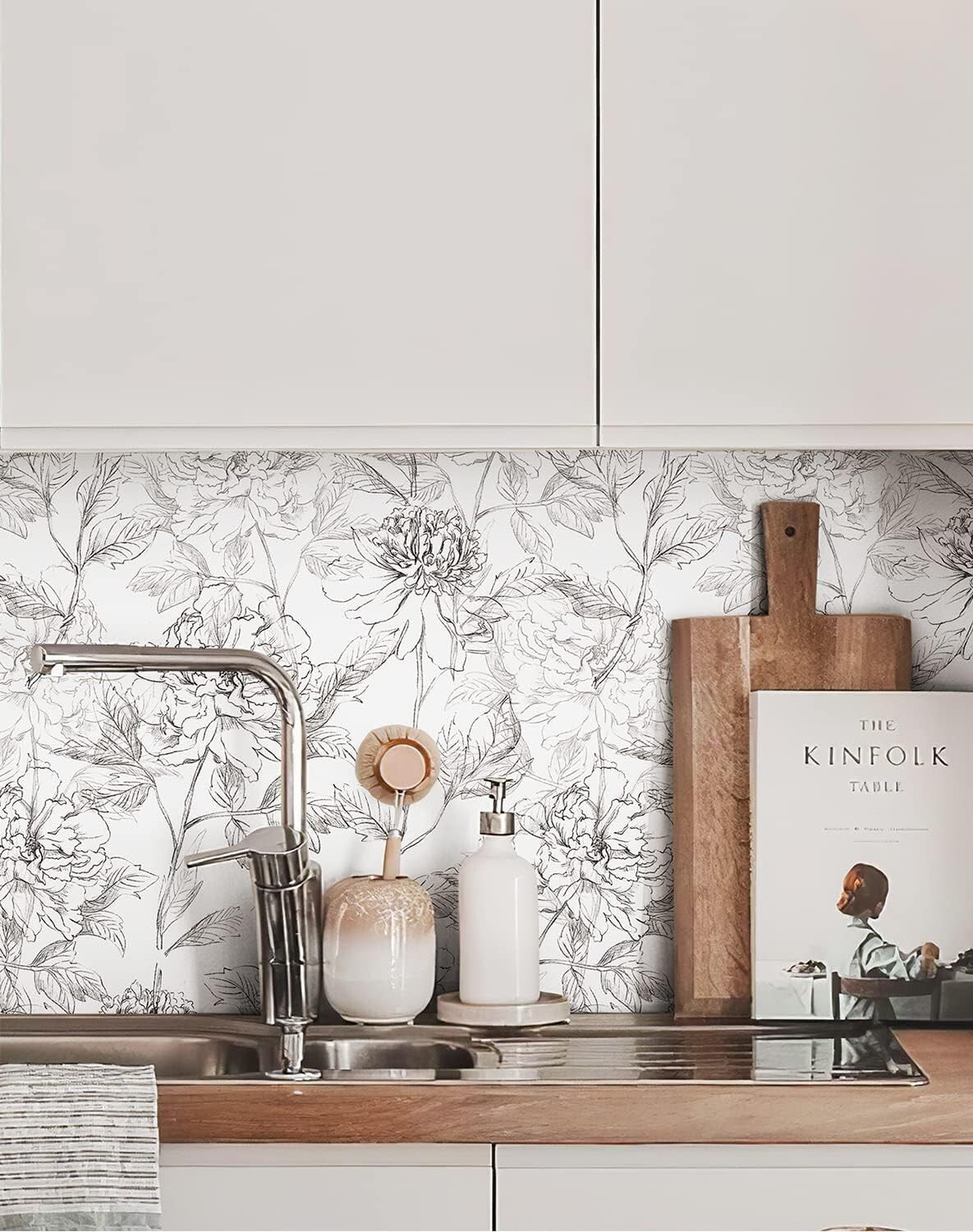 Removable Black and White Floral Wallpaper - Easy Install Peonies Design 43 SQFT