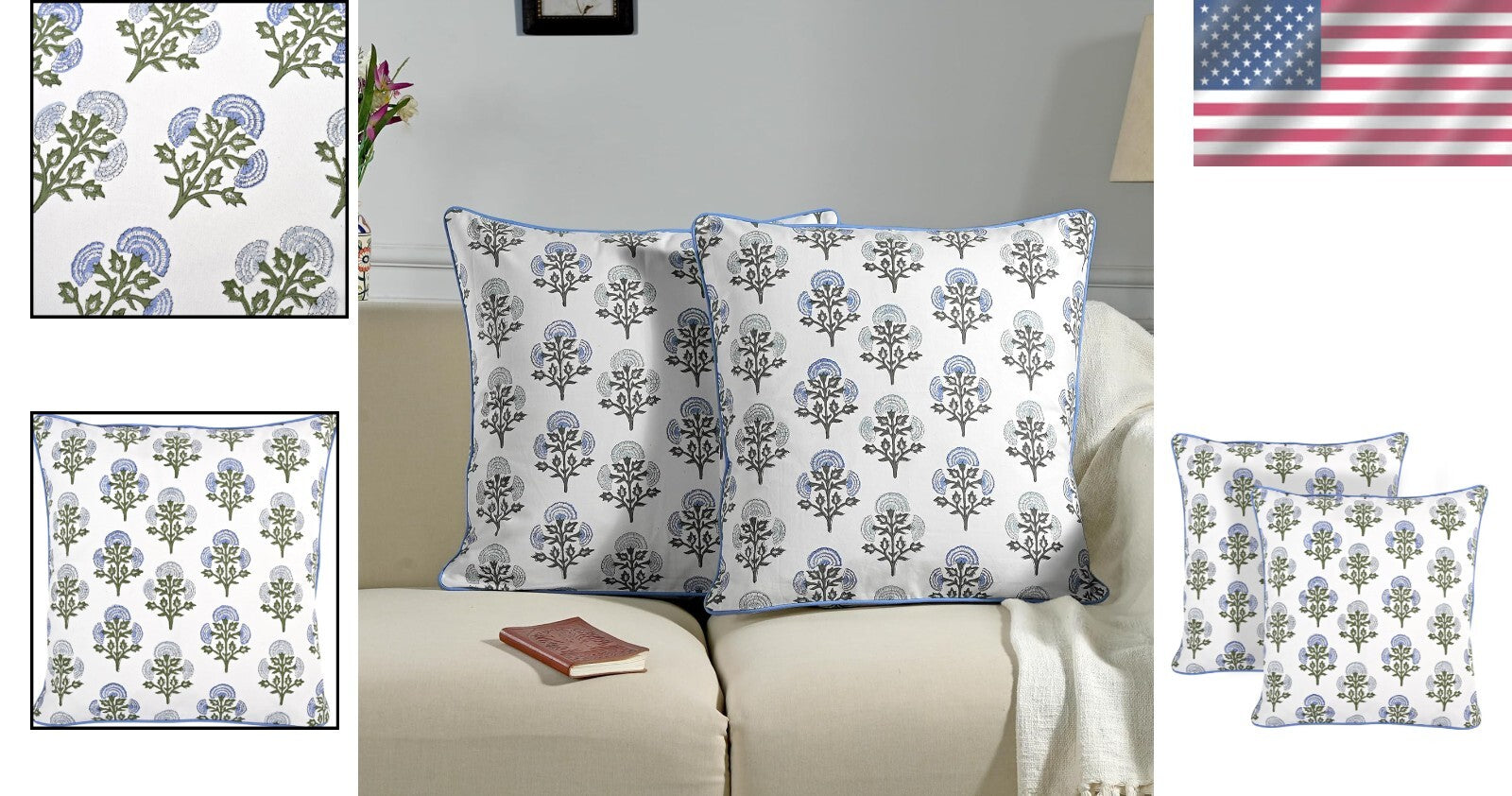 Elegant 18x18 Cotton Block Print Pillow Covers Set of 2 for Rustic Living Rooms