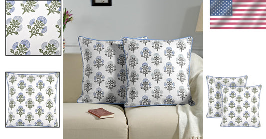 Elegant 18x18 Cotton Block Print Pillow Covers Set of 2 for Rustic Living Rooms