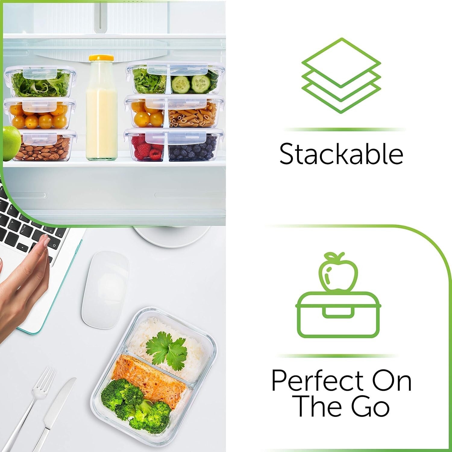 Durable Multi-Compartment Glass Meal Prep Containers - 36 Oz, Leak-Proof Design