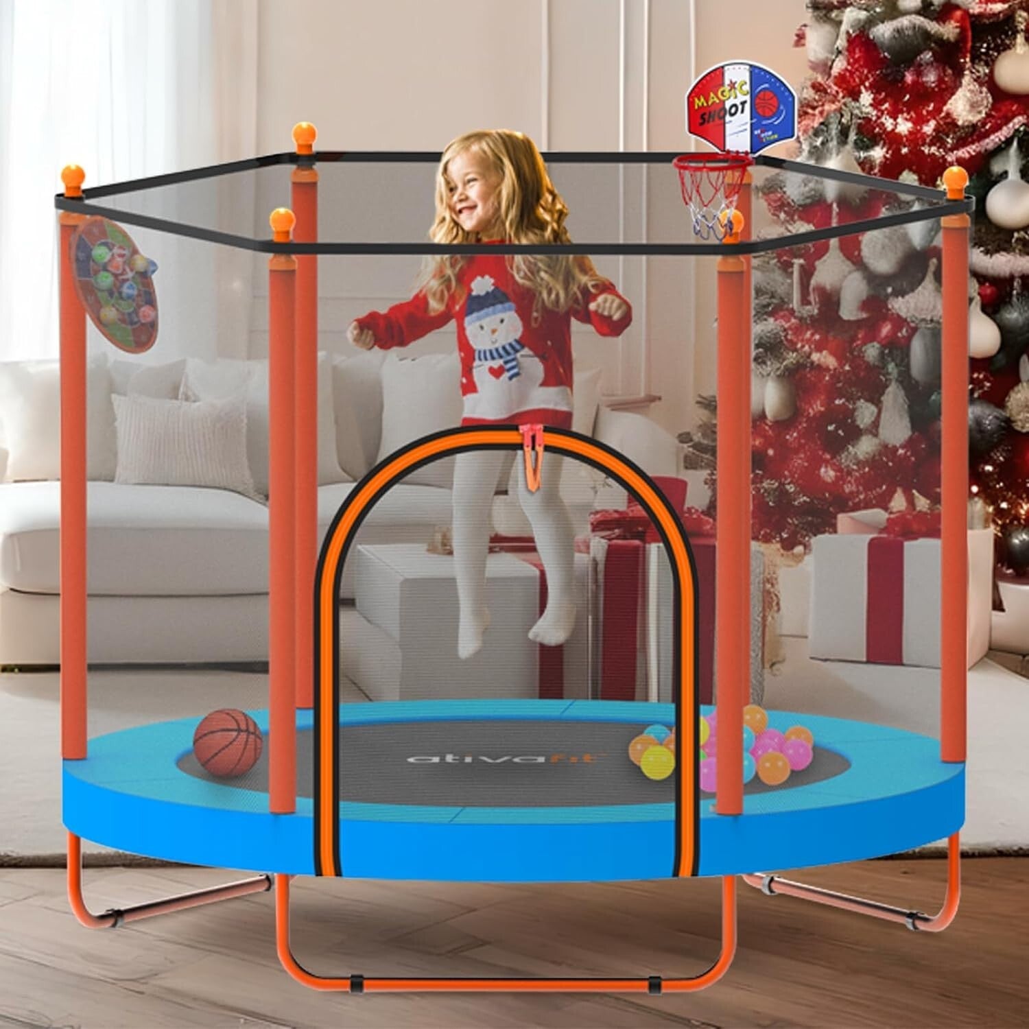 5FT Super Bouncy Trampoline for Kids Aged 1-8 with Basketball Hoop & Dartboard