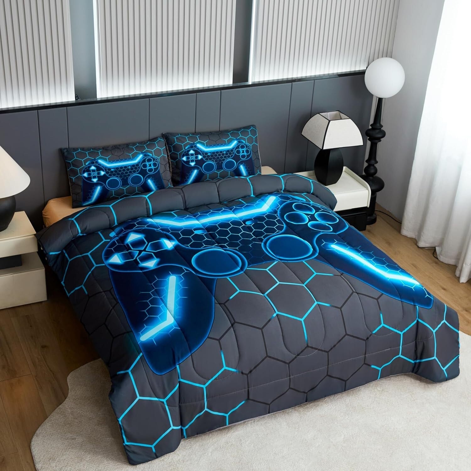 Vibrant Blue Game Controller Comforter Set - 3-Piece All-Season Bedding