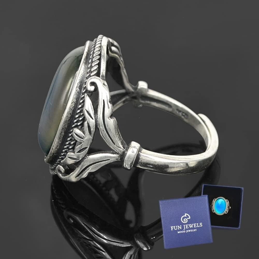 Adjustable Burnished Sterling Silver Mood Ring - Antique Style Statement Jewelry