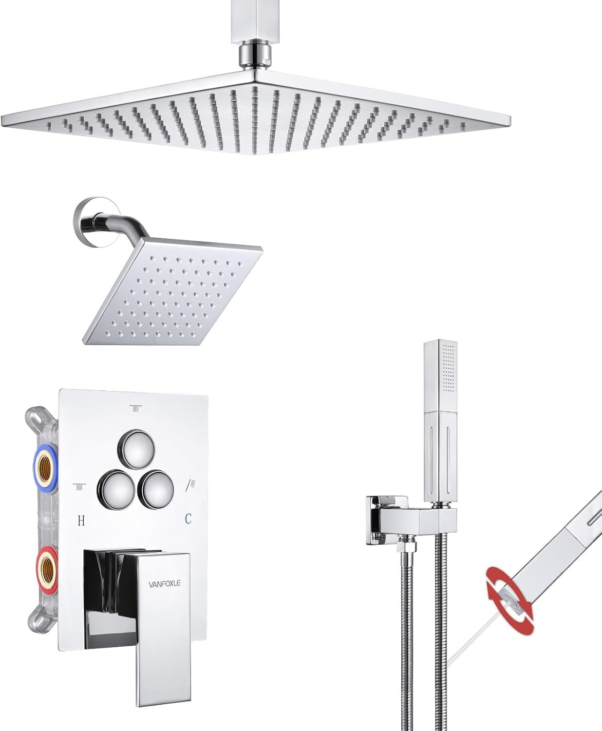 Luxurious Chrome Shower Faucet Set with Push Button Diverter & Dual Shower Heads