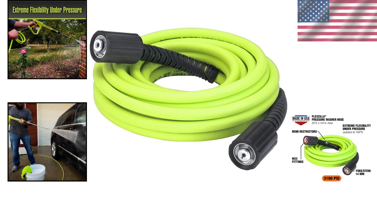 ZillaGreen 25 ft Pressure Washer Hose with M22 Fittings - 3100 PSI Flexibility