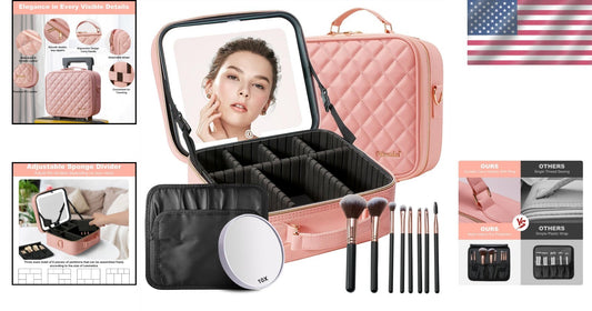 Elegant Travel Makeup Case with LED Mirror, 10X Magnifier & 8 Premium Brushes