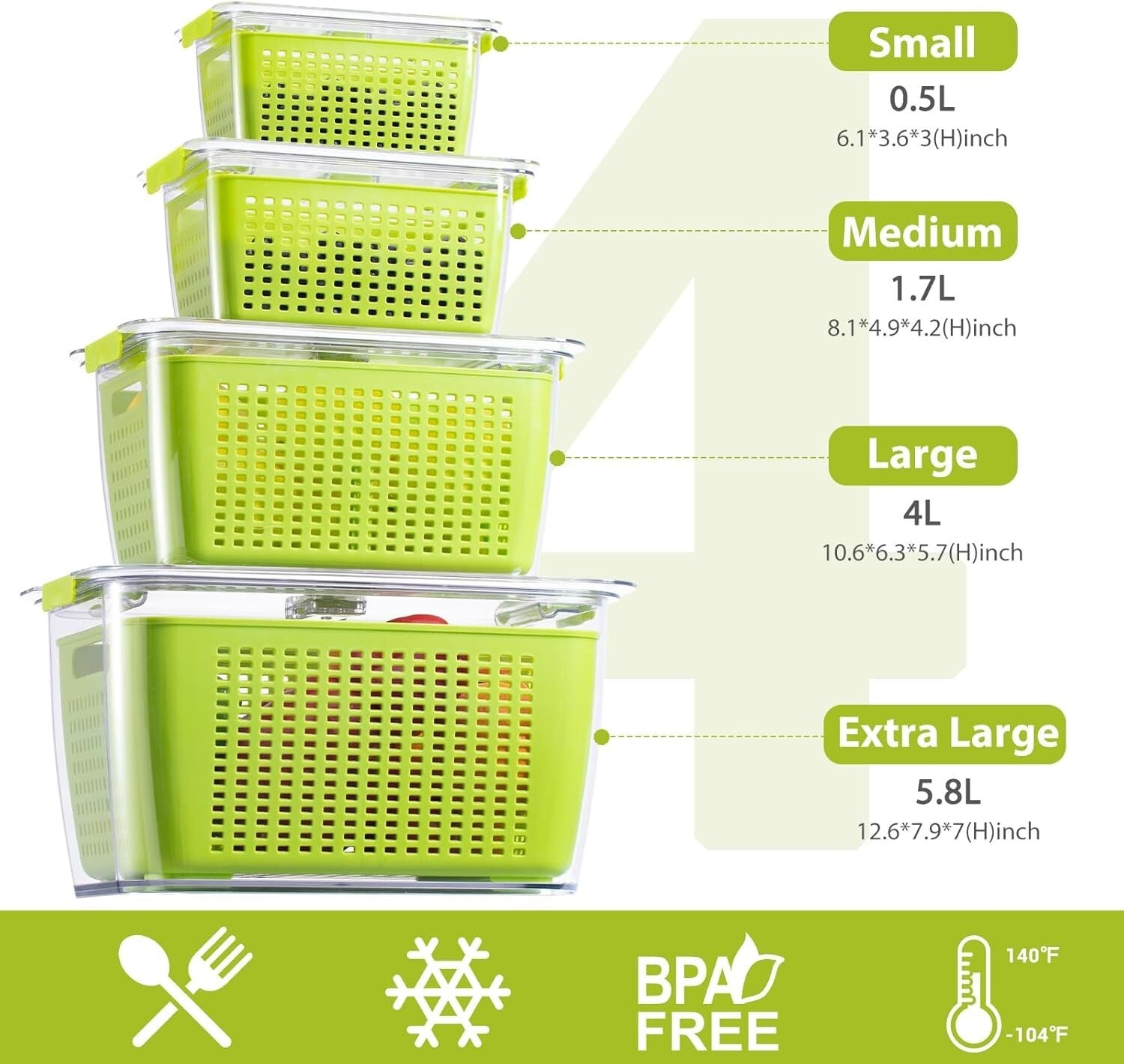 Keep Fruits and Vegetables Fresh - 4 Large BPA-Free Storage Containers with Lids