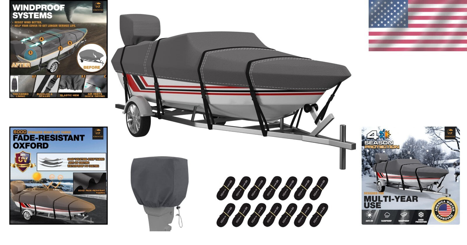 Durable Water-Resistant Boat Cover for 24-26 ft V-Hull Boats - 3 Year Warranty