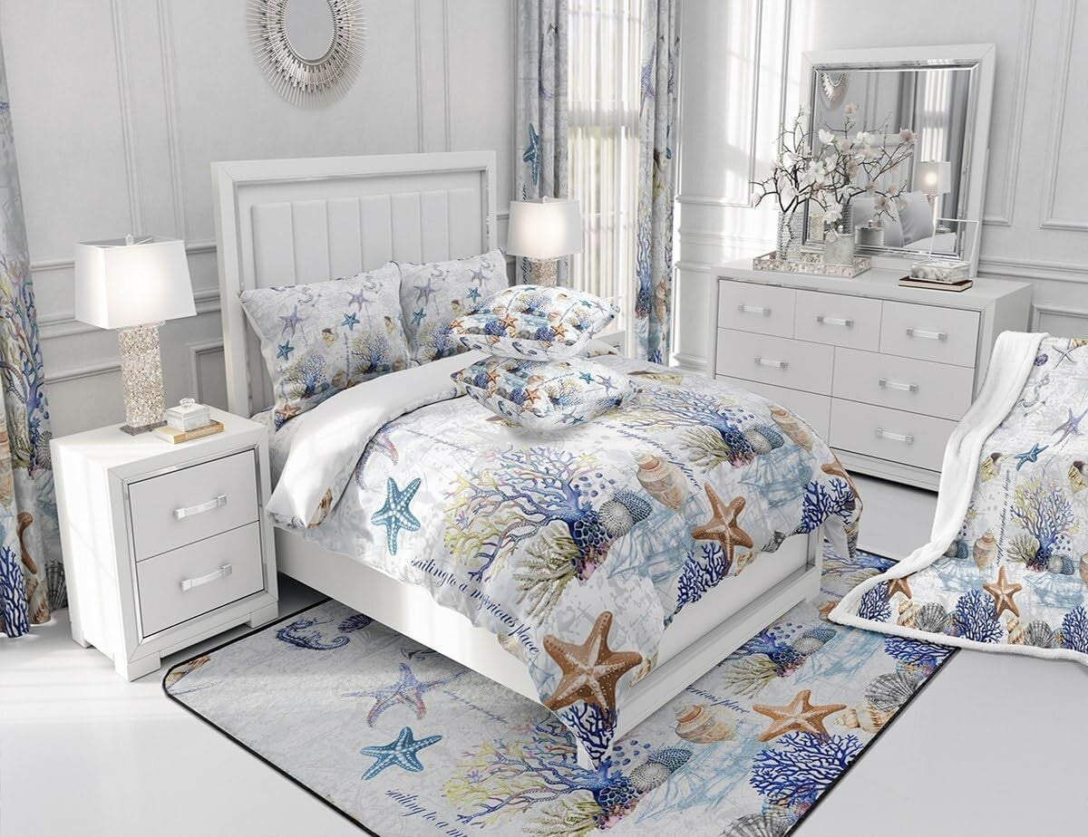 Playful Marine Curtains Set, Blackout Function in Starfish Design, 52x96 Inches