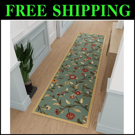 Elegant 2'7" x 9'10" Floral Runner Rug with Non-Slip Backing - Seafoam Green