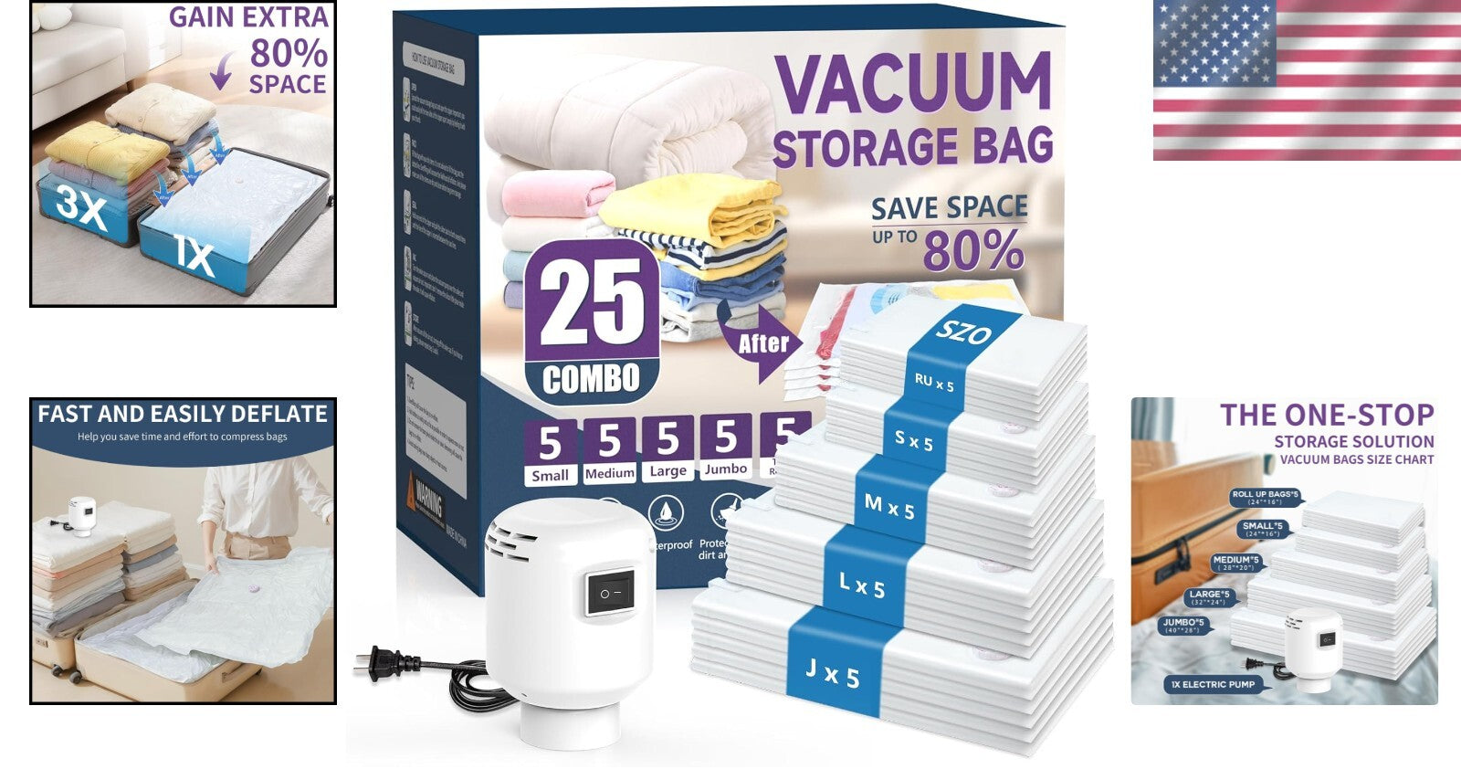 Heavy-Duty Vacuum Seal Bags Set (25), 5 Sizes + Electric Air Pump Included