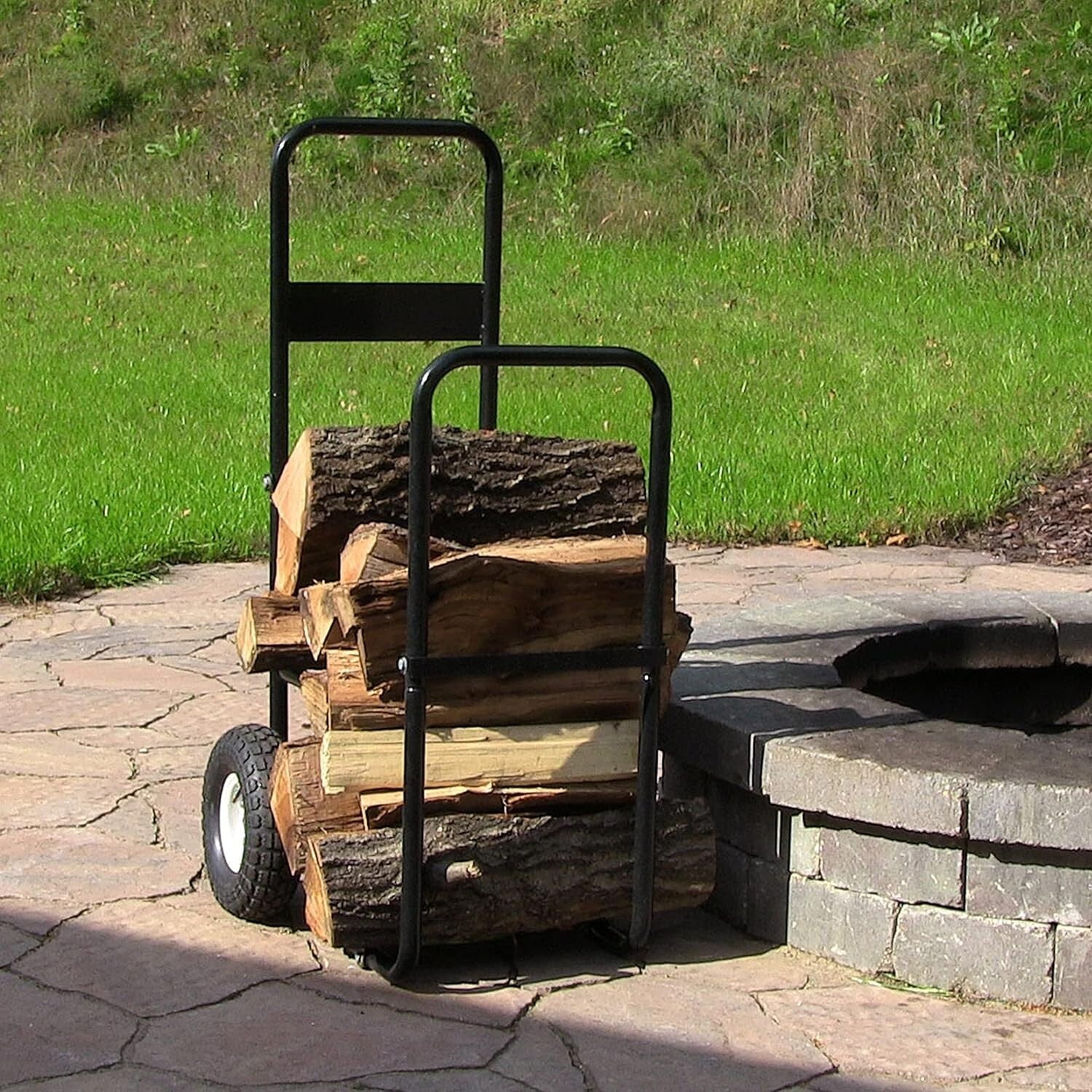 26" Black Steel Log Cart with Heavy-Duty Wheels for Effortless Firewood Handling