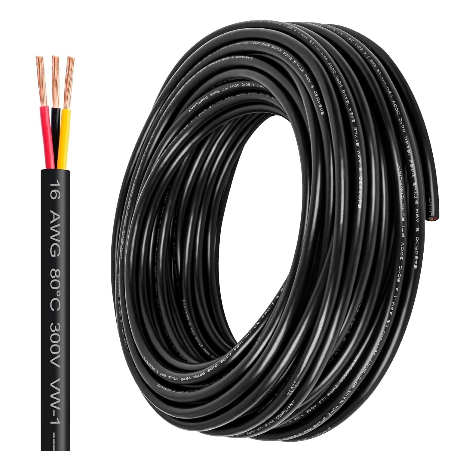 50FT 16 Gauge 3 Conductor Oxygen-Free Copper Cable for LED & Automotive Use