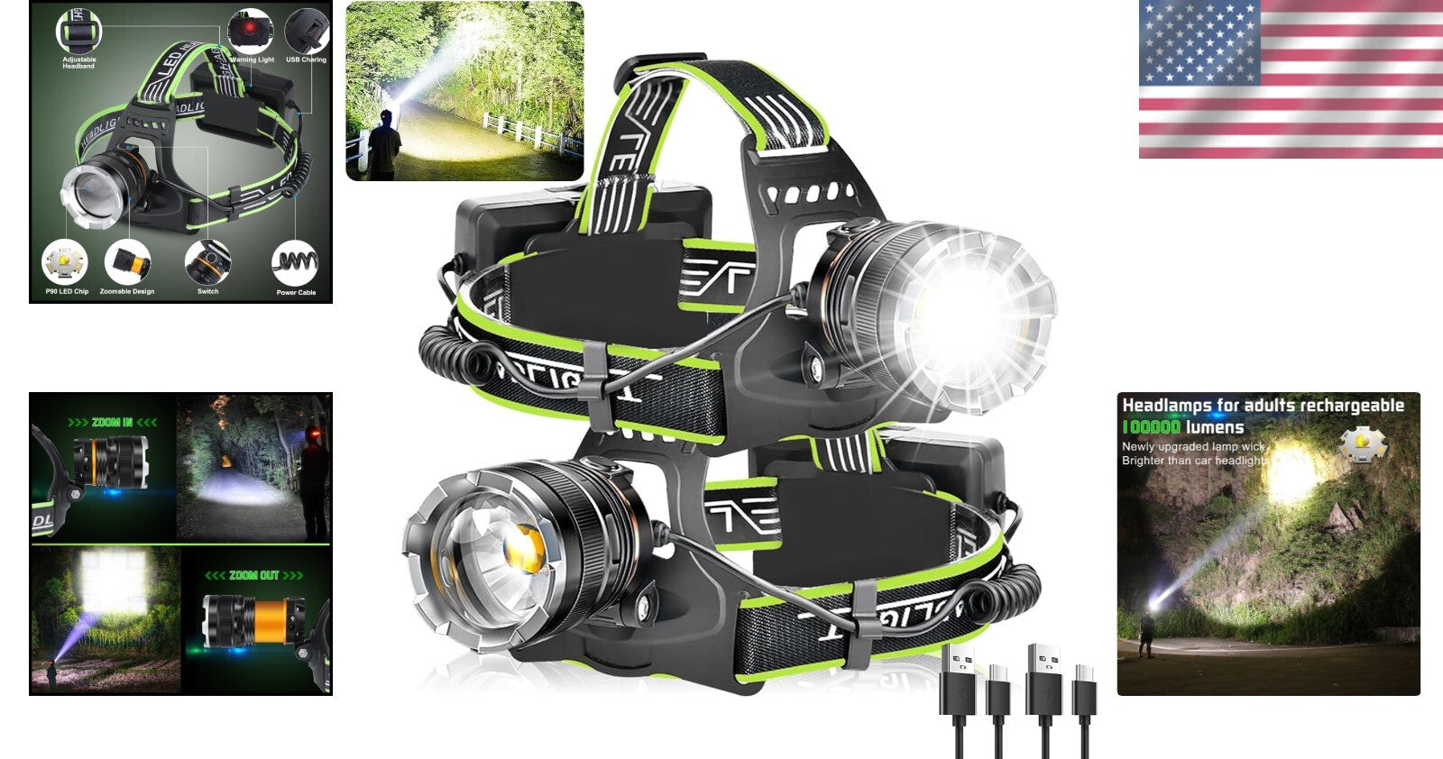 Adjustable 90° Waterproof LED Headlamp Set - Rechargeable & Ideal for Camping