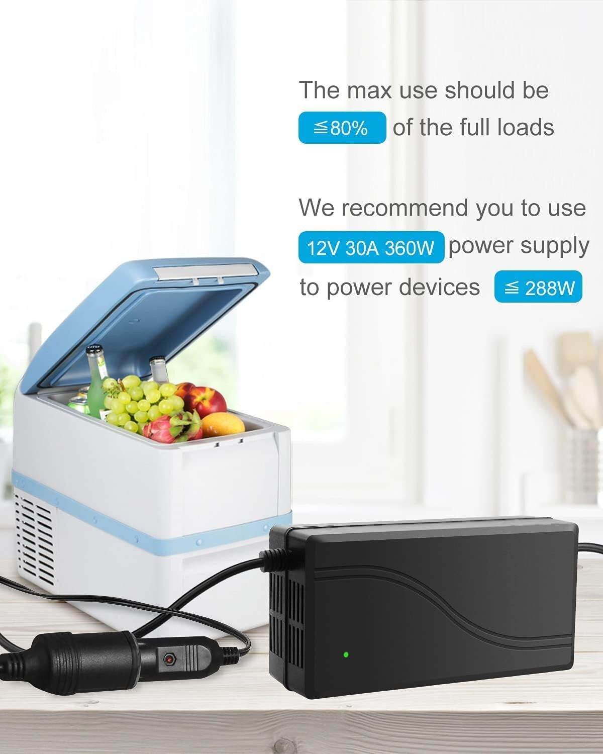 30A 12V Power Supply Adapter with Cigarette Lighter Socket for Car Electronics