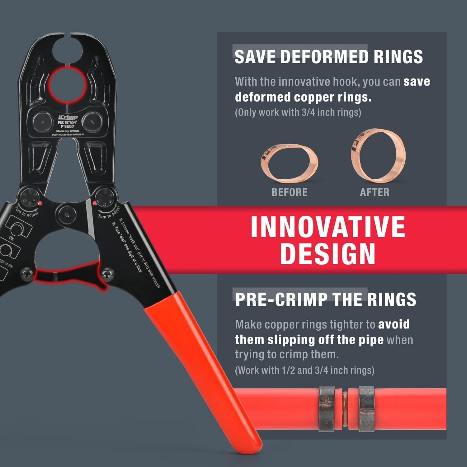 Ergonomic Hand-Powered Combo PEX Crimping Tool for 1/2 & 3/4-Inch Copper Rings