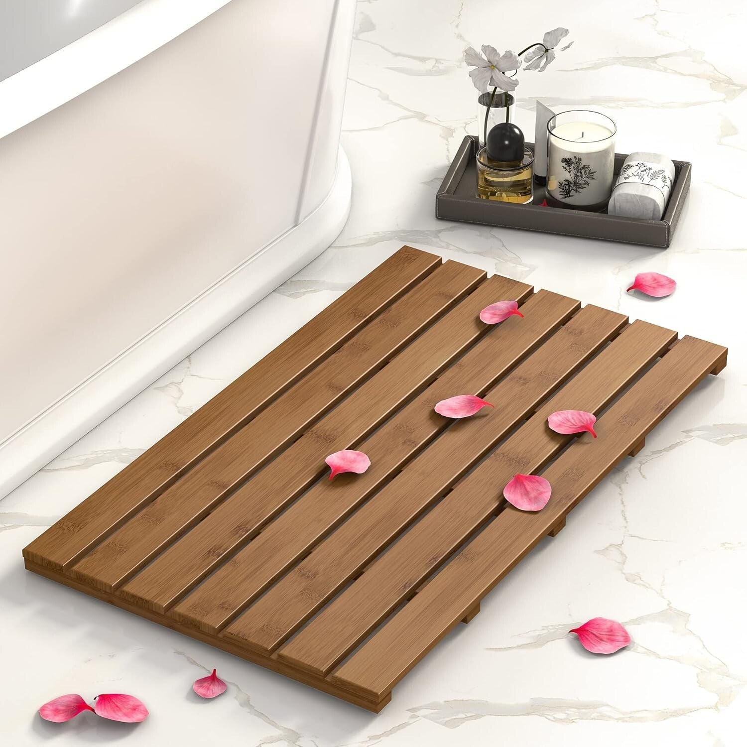 Durable Walnut Bamboo Shower Mat - Large Non-Slip Waterproof Design, 31.3 x 18.1
