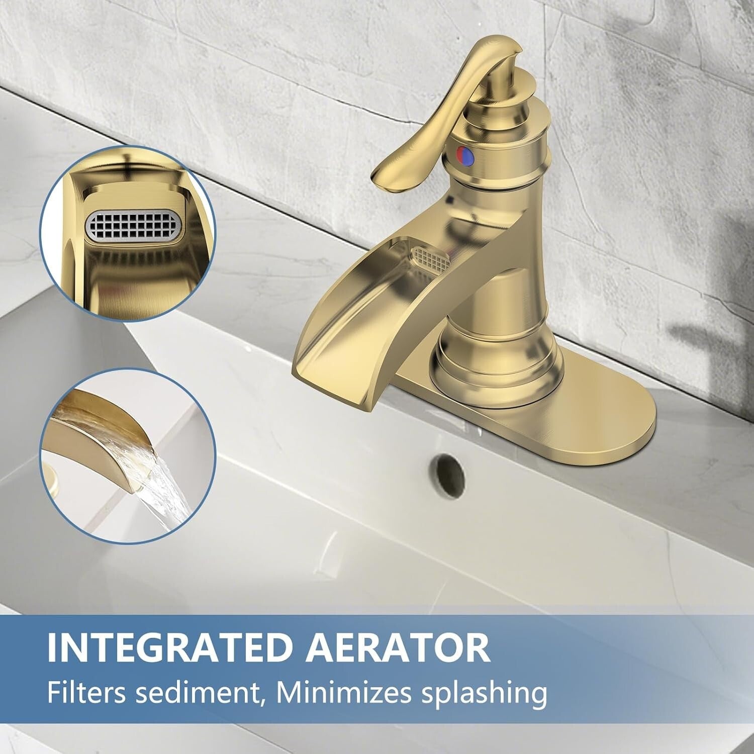 Brushed Gold Waterfall Sink Faucet - Durable Brass, Single Handle, All-Inclusive