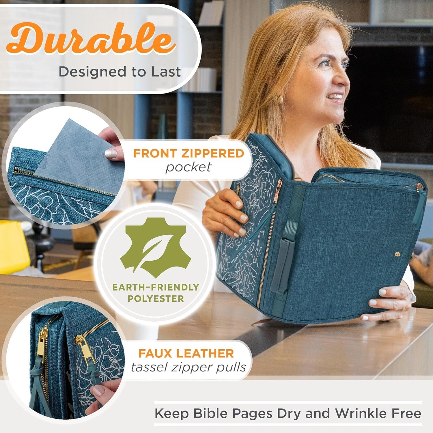 Medium Size Teal Canvas Bible Cover with Zipper and Multi-Compartment Organizer