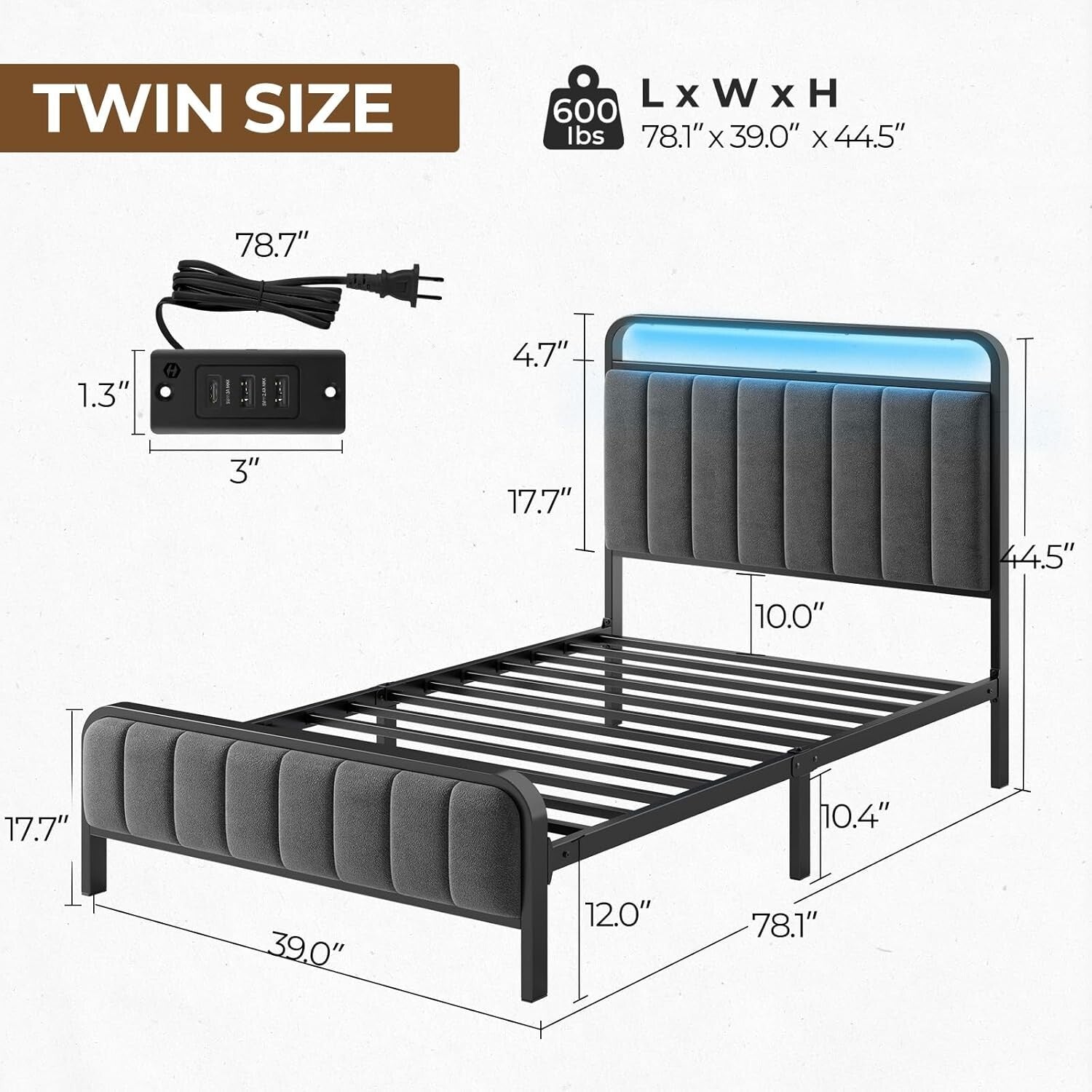Durable Twin Metal Bed Frame with RGB Lights & Noise-Free Assembly - Dark Gray