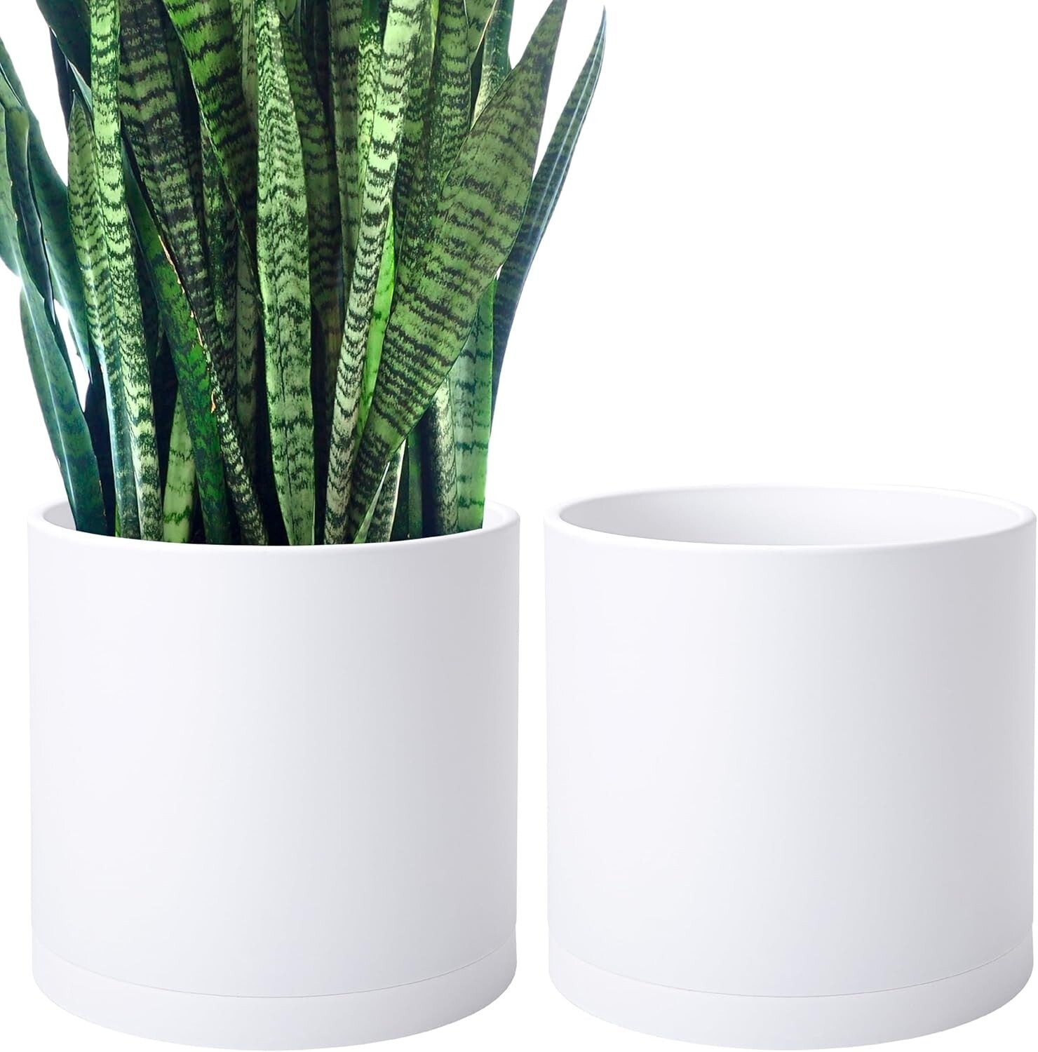 Elegant 14 Inch Cylindrical Plastic Planters with Drainage Holes & Saucer Set