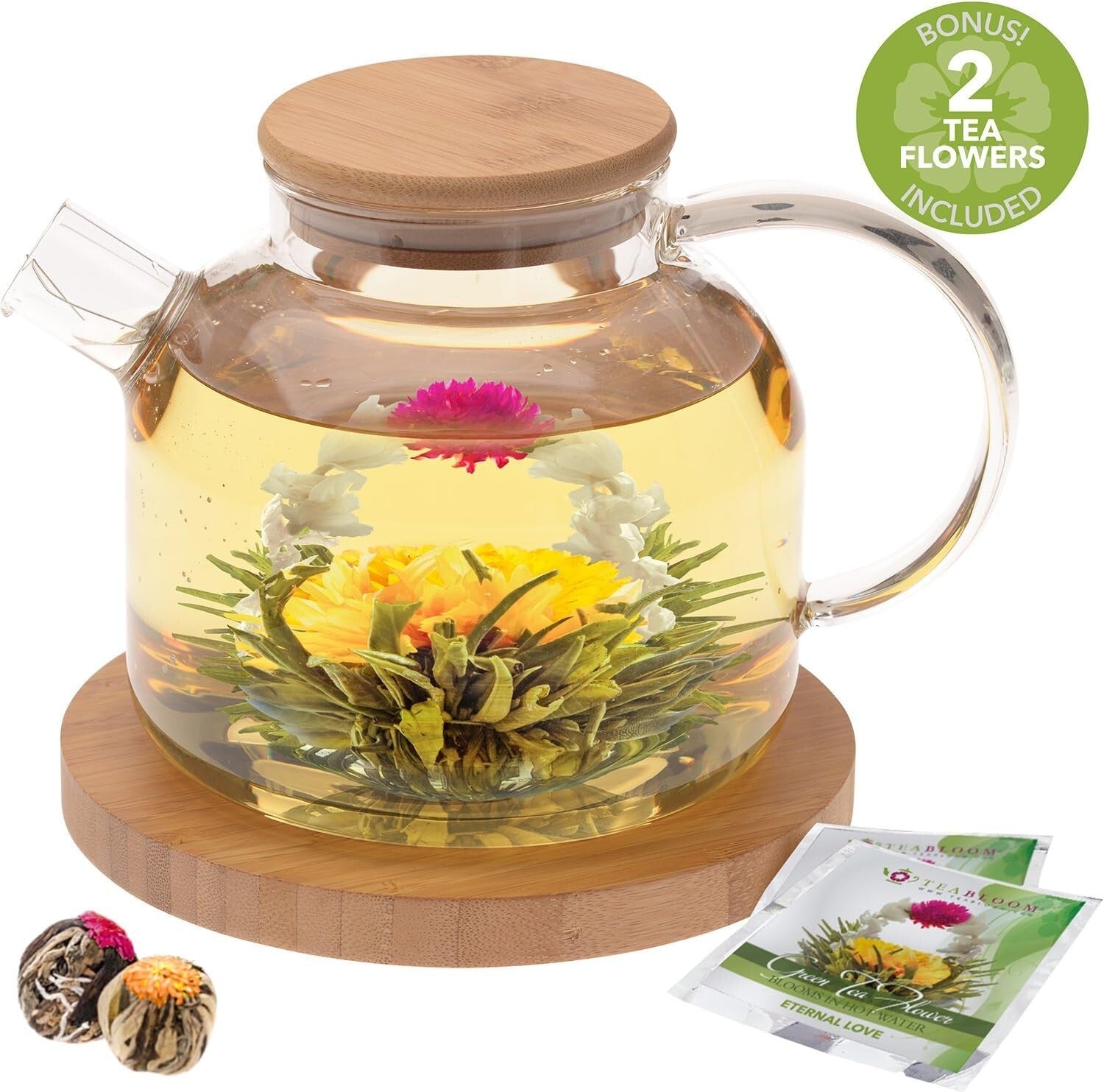 Elegant 40oz Borosilicate Glass Teapot with Bamboo Lid & Blooming Tea Gift Set