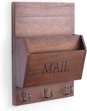 Load image into Gallery viewer, Rustic Wall-Mounted Mail Organizer with Key Holder and 3 Hooks in Dark Brown