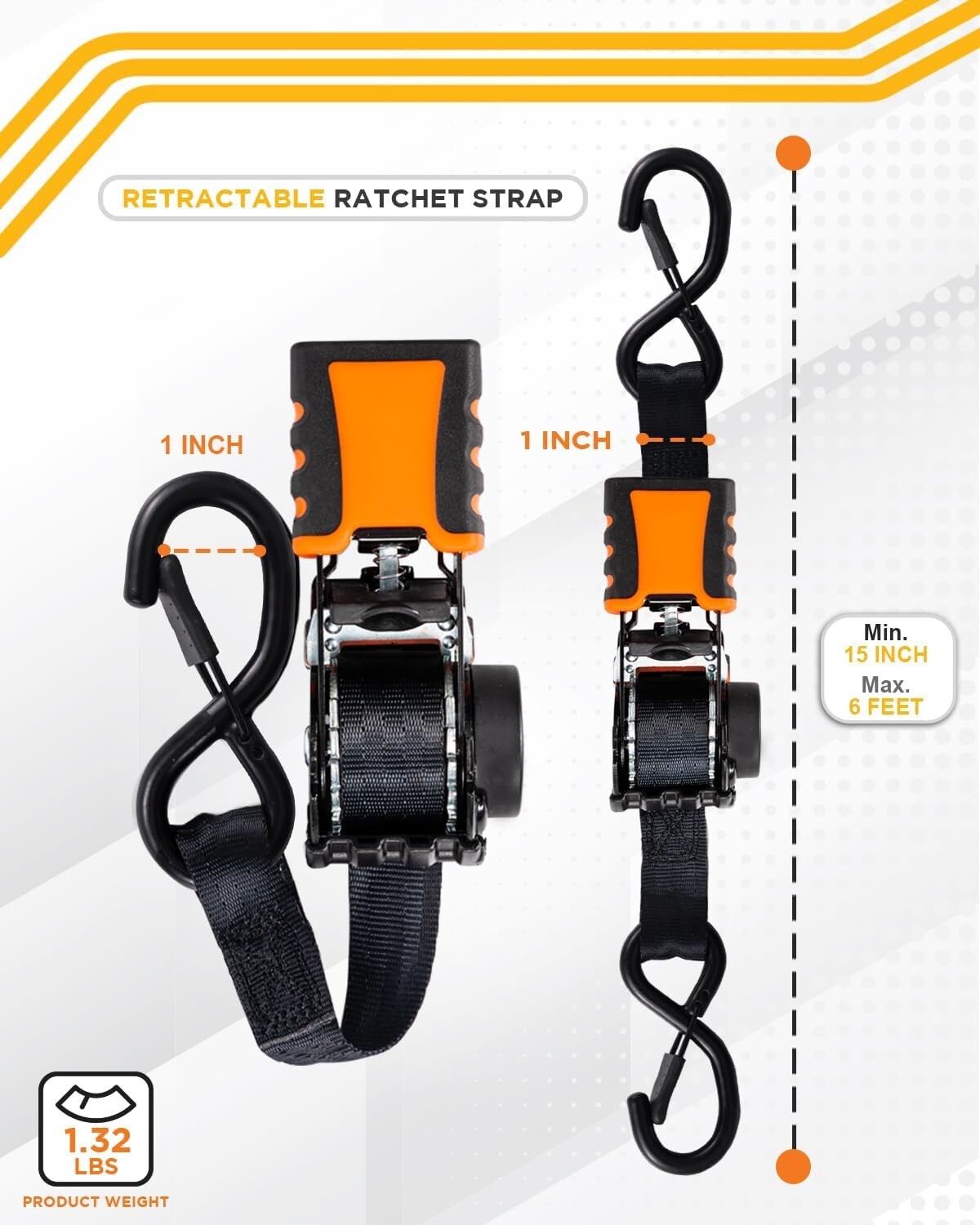 4-Piece Retractable Ratchet Straps Bundle - 1in x 6ft - 1,500LBS Strength