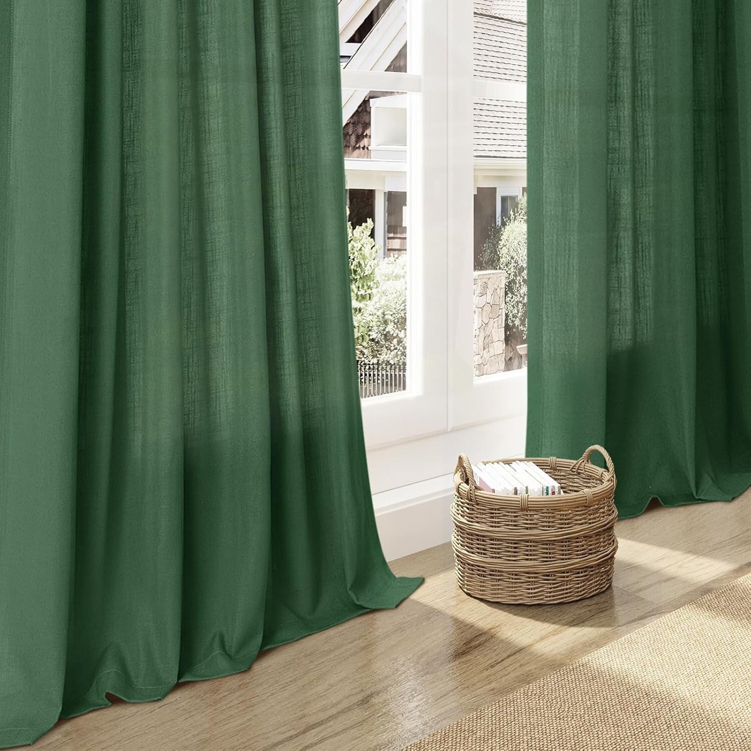 Charming 84" Back Tab Green Linen Curtains - 2 Panels for Modern Farmhouse Decor