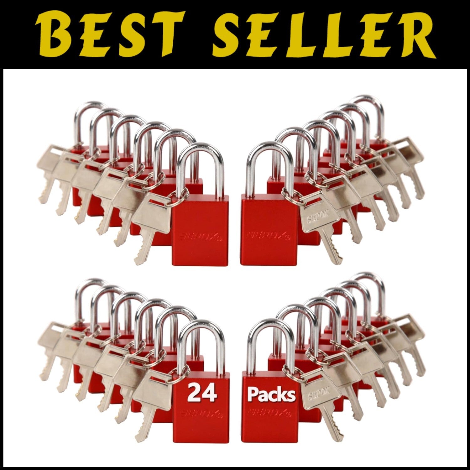 High-Tech Double-Locking Aluminum Padlocks, Red - 24 Units for Lock-Out Security