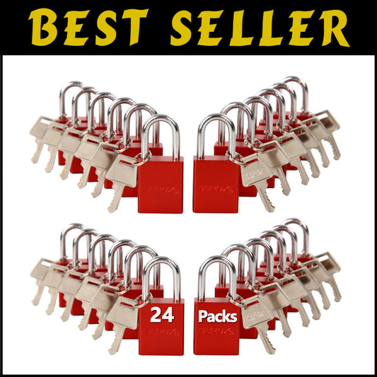High-Tech Double-Locking Aluminum Padlocks, Red - 24 Units for Lock-Out Security