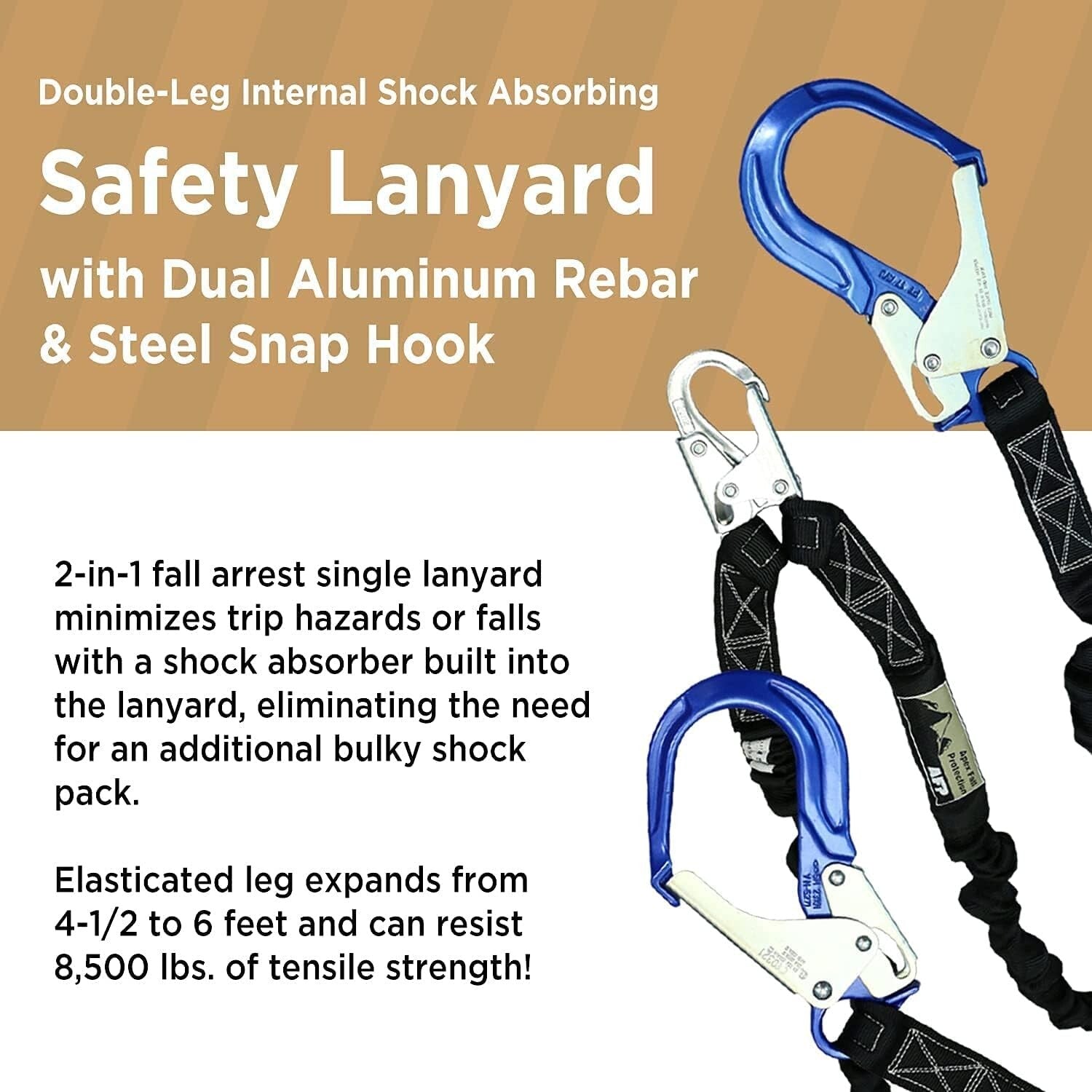 Durable Double Leg Safety Lanyard with Shock Absorption - 8500 lbs Load Capacity