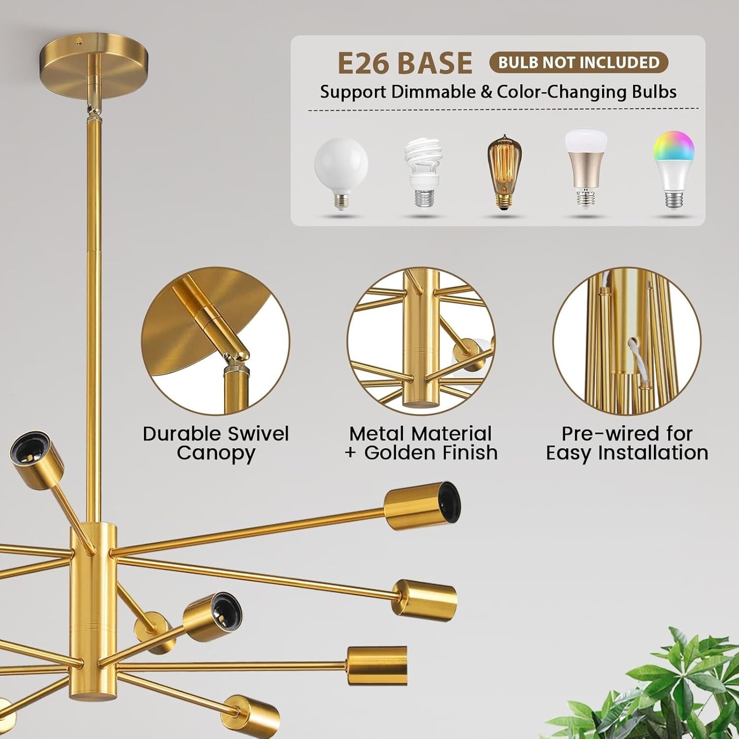 Adjustable Height Gold Chandelier - 12-Light Ceiling Fixture for Modern Homes