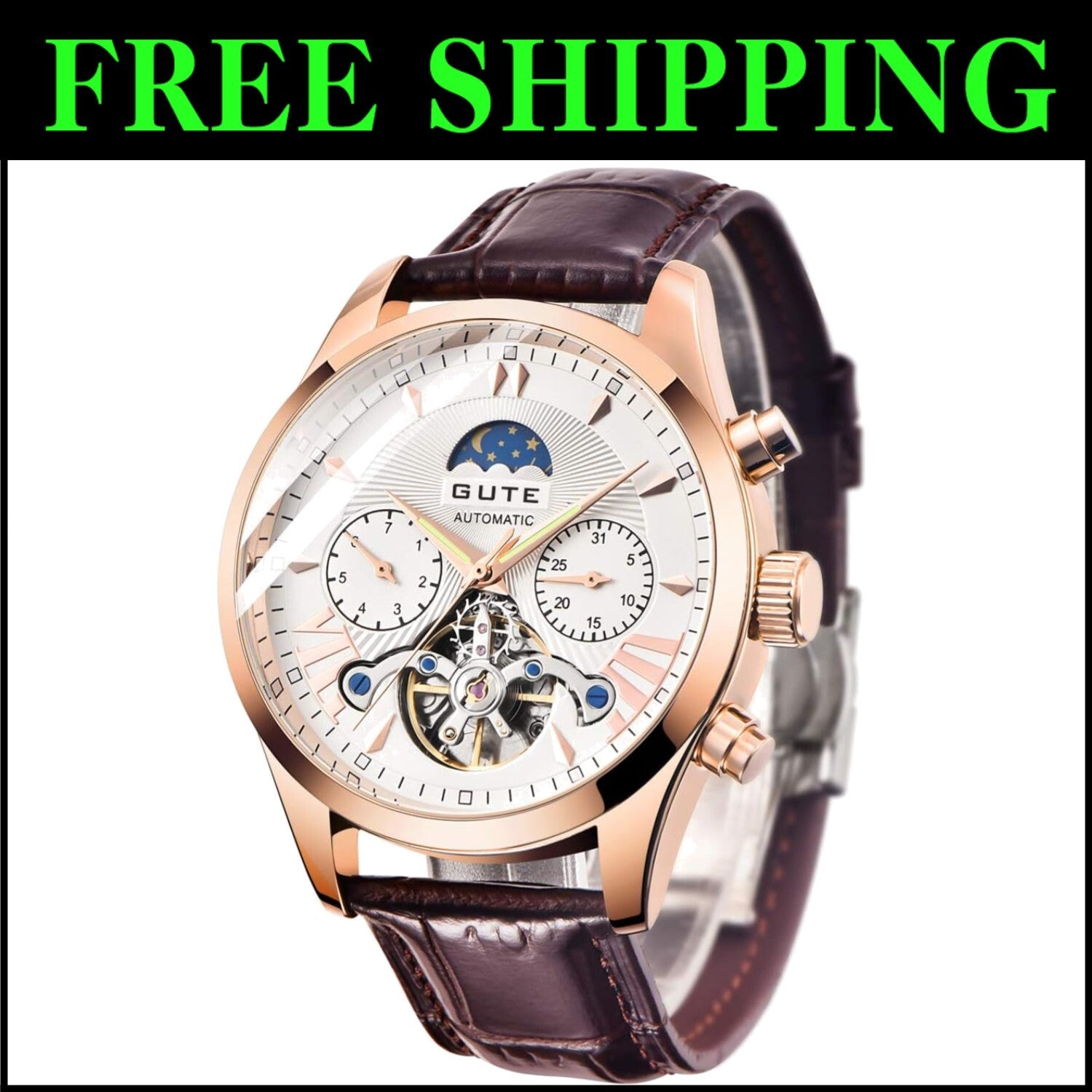 Men's Luminous Skeleton Watch - Automatic Mechanical & Water Resistant