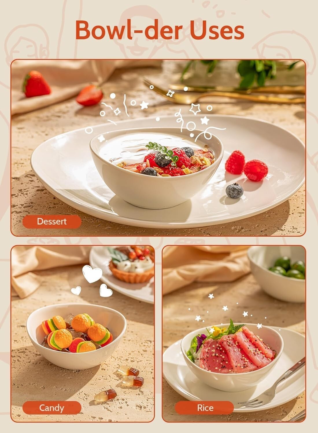 Elegant 8-Inch Porcelain Serving Bowls Set - Perfect for Salad, Soup, and Snacks