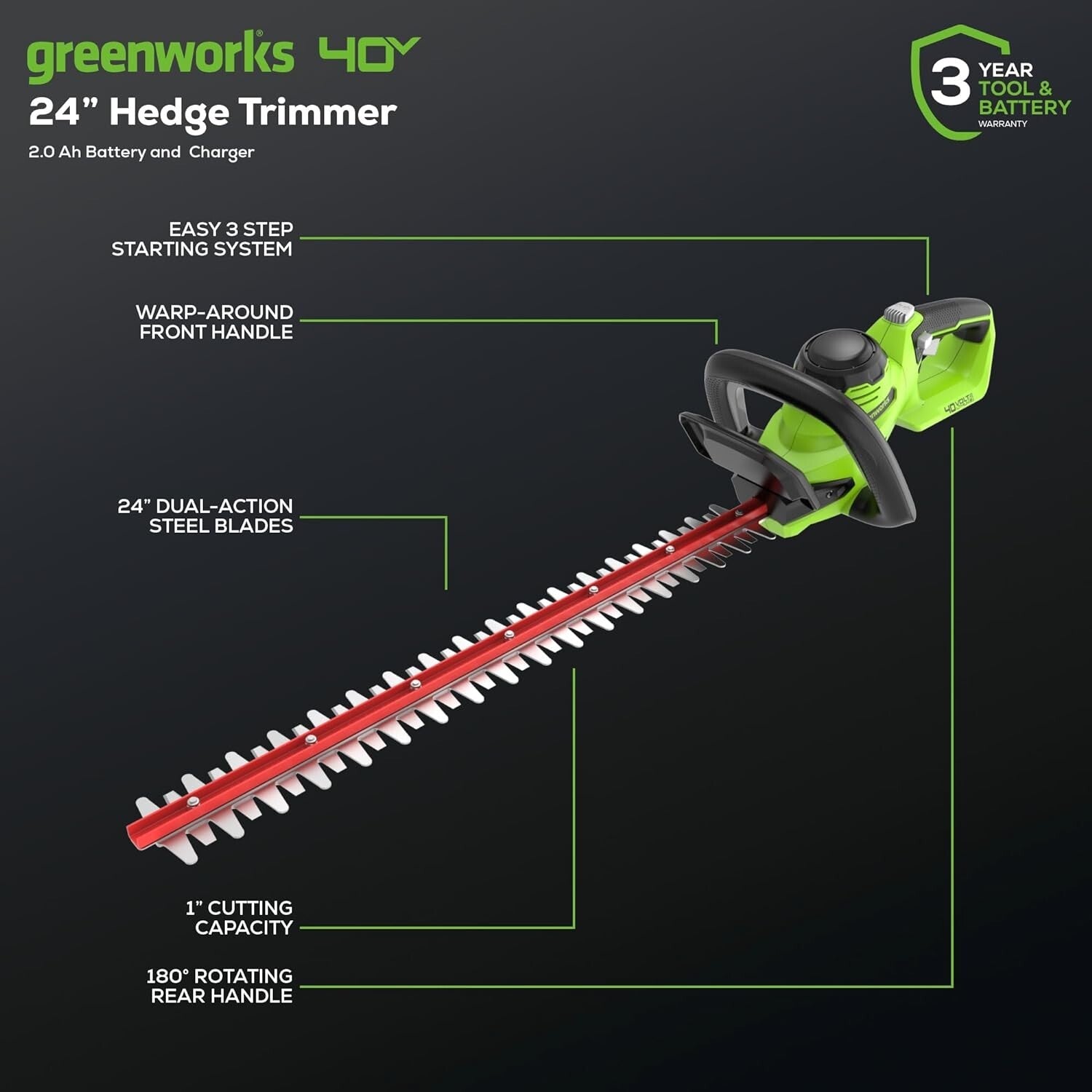 Lightweight 40V Cordless Hedge Trimmer - 24" Stainless Steel Blades Included