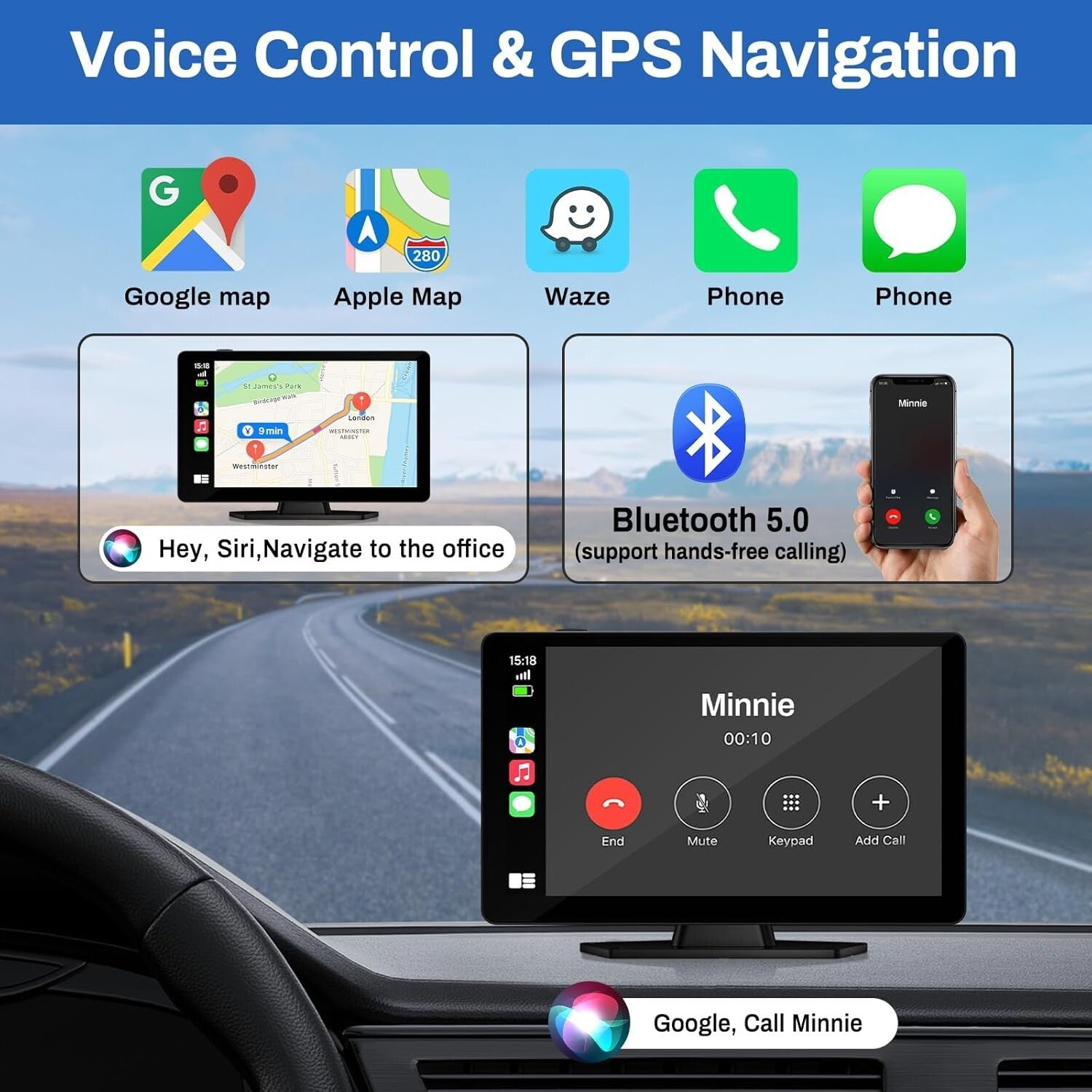 Portable 9-Inch Carplay Screen with 1080p Backup Camera & GPS Navigation