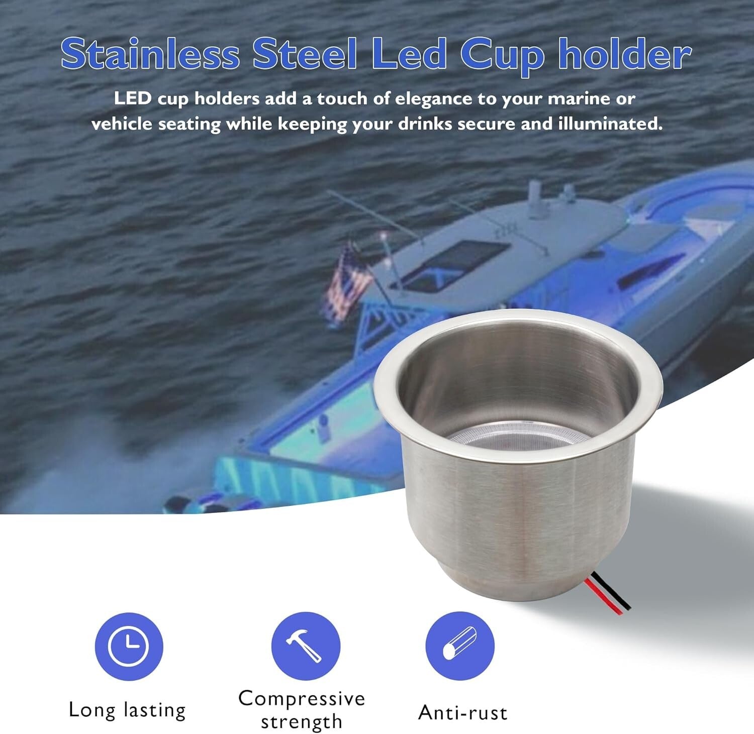 Premium 4Pcs LED Drink Holders with Drain - Perfect for Boats, RVs, and Trucks