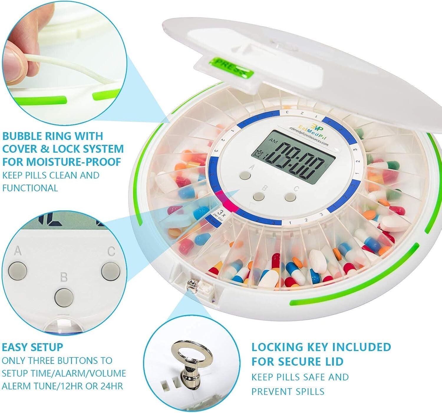 Secure Automatic Pill Dispenser with 6 Alarms and Large LCD - Caregiver's Aid