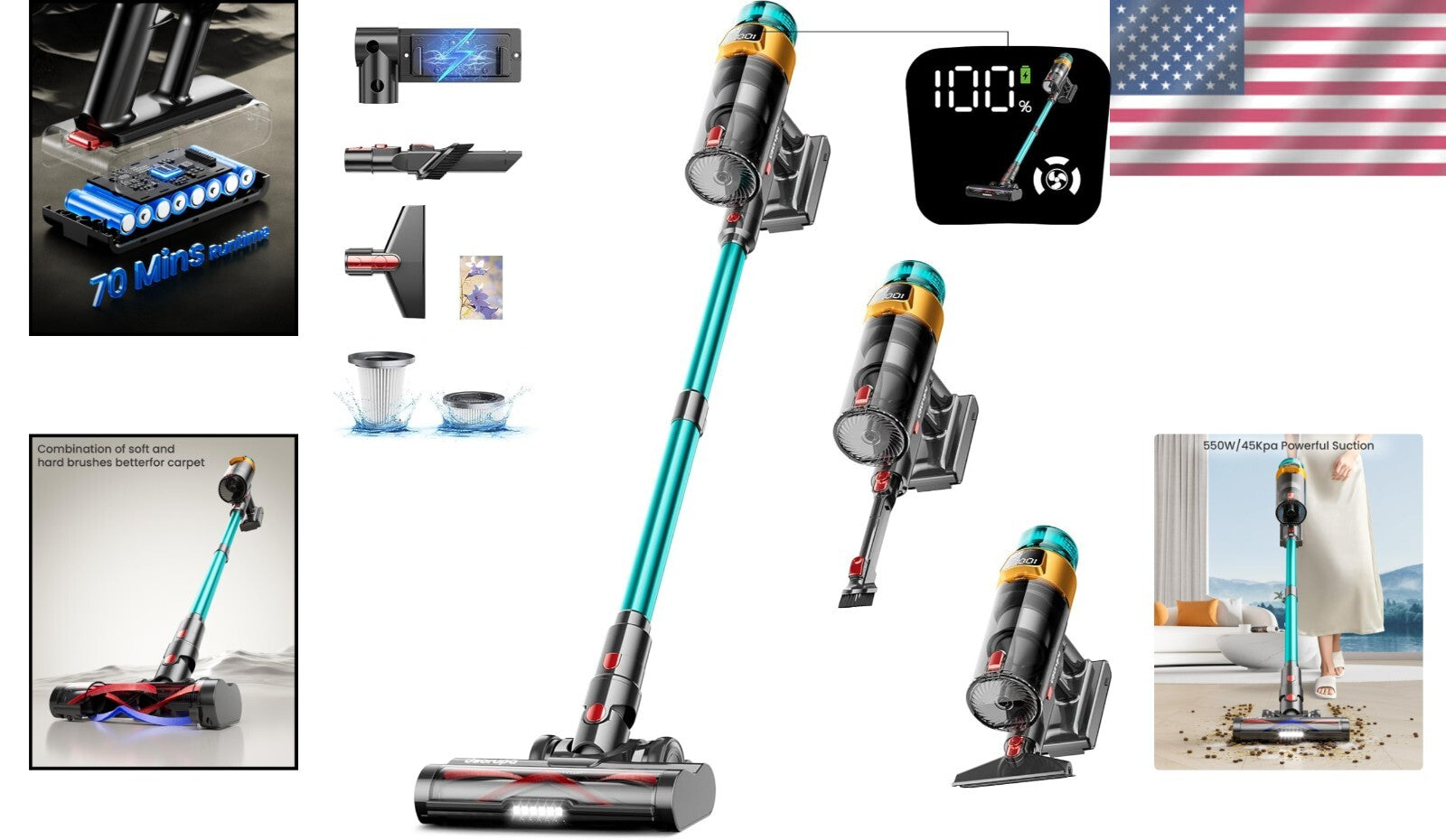 Compact Cordless Vacuum – 550W with Anti-Tangle Brush, Ideal for Pets & Carpets