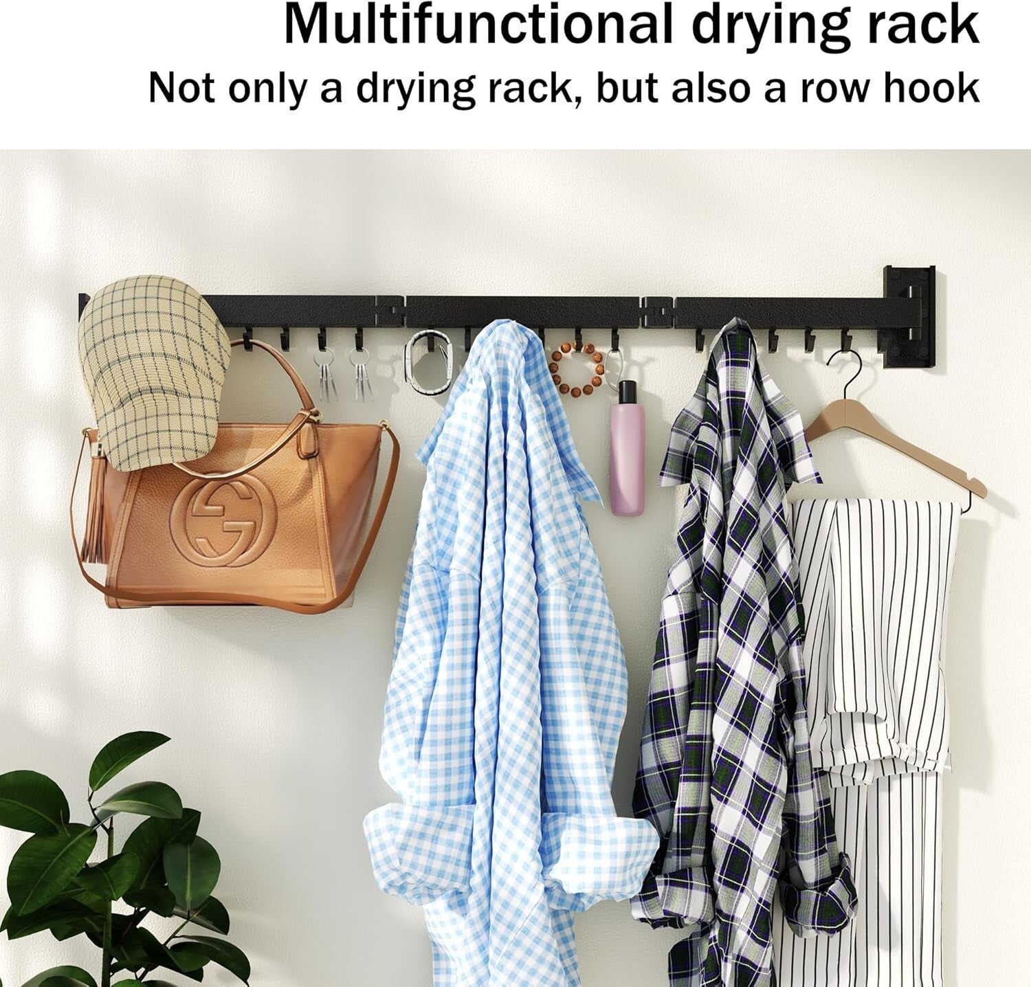Versatile Wall-Mounted Clothes Hanger Rack with Collapsible Hooks - Black Finish